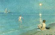 Peter Severin Kroyer badende drenge en sommeraften ved skagen strand oil painting